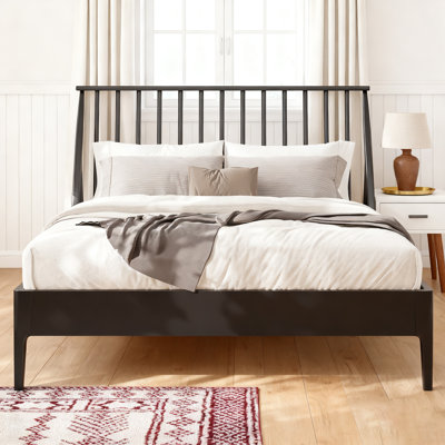 Solid Bamboo Wood Spindle Platform Bed With Tall Headboard, Bohemian Style, Mid-Century Modern, No Box Spring Required