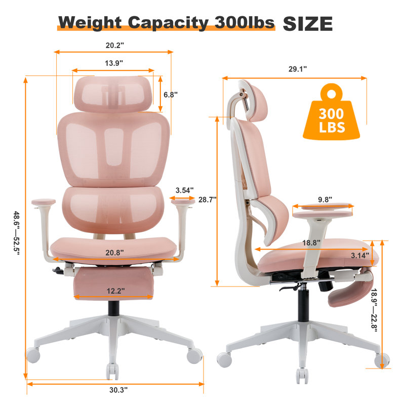 Fauteuil de bureau ergonomique Ouida, Rose, Blanc