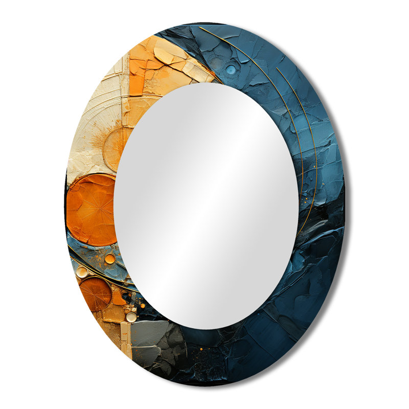 Gold Teal Abstract Spirals I - Miroir mural moderne ovale, 43 po x 33 po