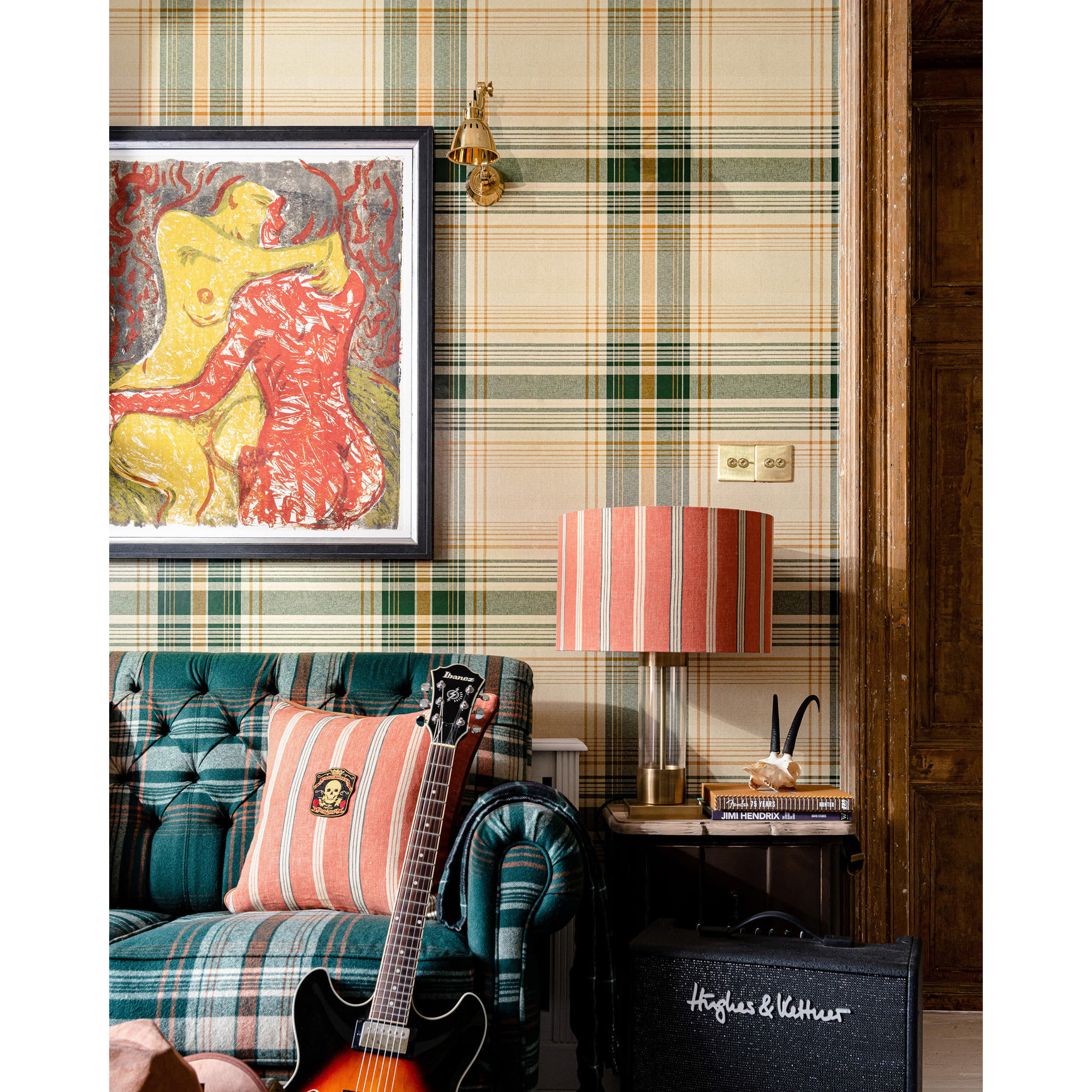 Woodstock Lifestyle Modern Plaid Wallpaper, Green/Taupe/Yellow