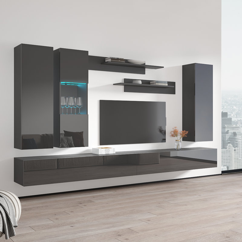 Vreeland 126" Modern Floating Wall Mounted Entertainment Center with 16-Color LED Lighting, High Gloss Finish, Gray