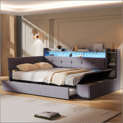 Lit de jour double rembourré avec rangement, lit gigogne, chargement USB et lumière DEL