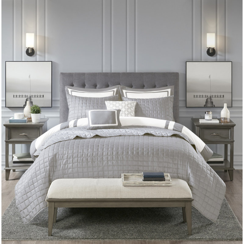 Ensemble d'édredon et de courtepointe 8 pièces gris double / grand, Courtepointe grand + 7 pièces supplémentaires