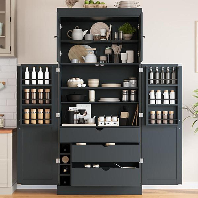 Garde-manger autoportant de 77 po de hauteur, armoire de rangement moderne de style Shaker de L 35 po x l 17,7 po avec tablettes réglables, tablettes de porte, tiroirs et porte-bouteilles, gris