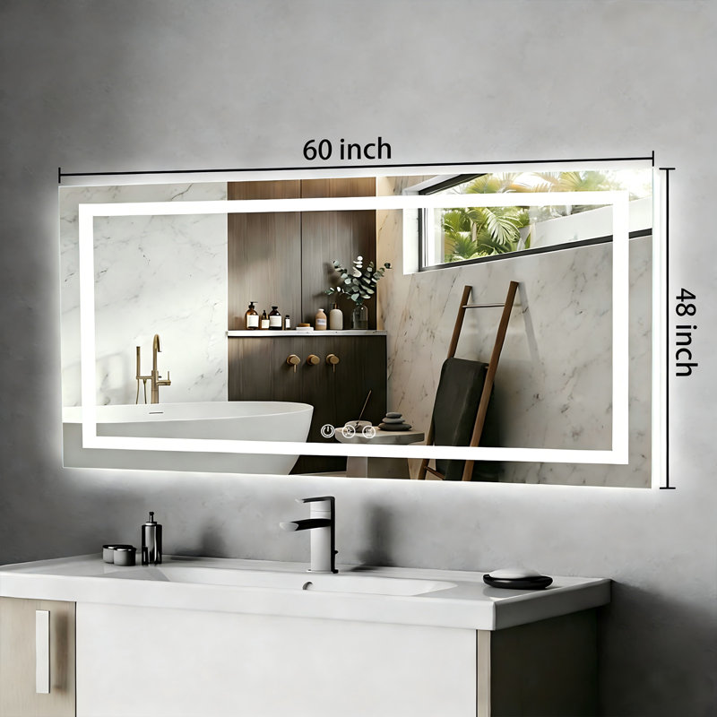 LED Bathroom Vanity Mirror with Anti-Fog, Dimmable Front and Backlit Lights, Tempered Glass, 60" x 48"