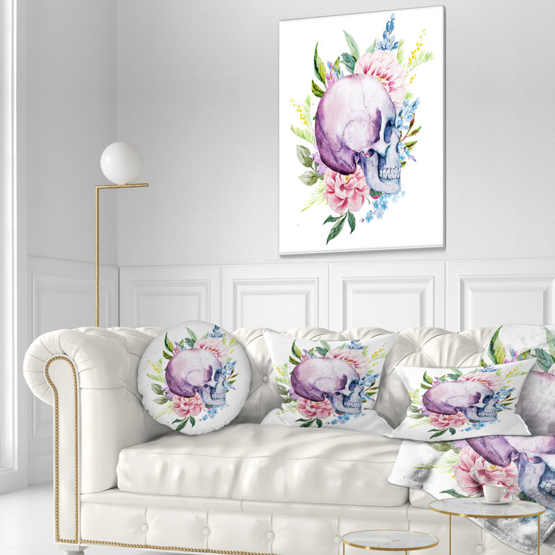 Crâne avec bordure fleurie - Coussin décoratif à imprimé floral, 18 po x 18 po, Carré