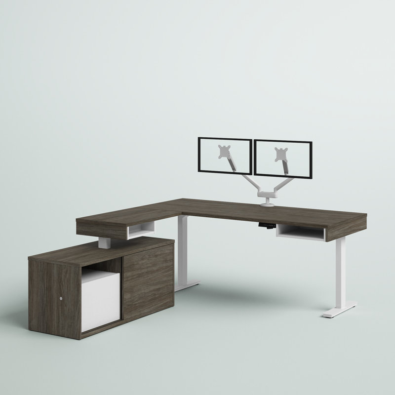 Izabel Adjustable L-Shaped Standing Desk, Walnut Gray/White