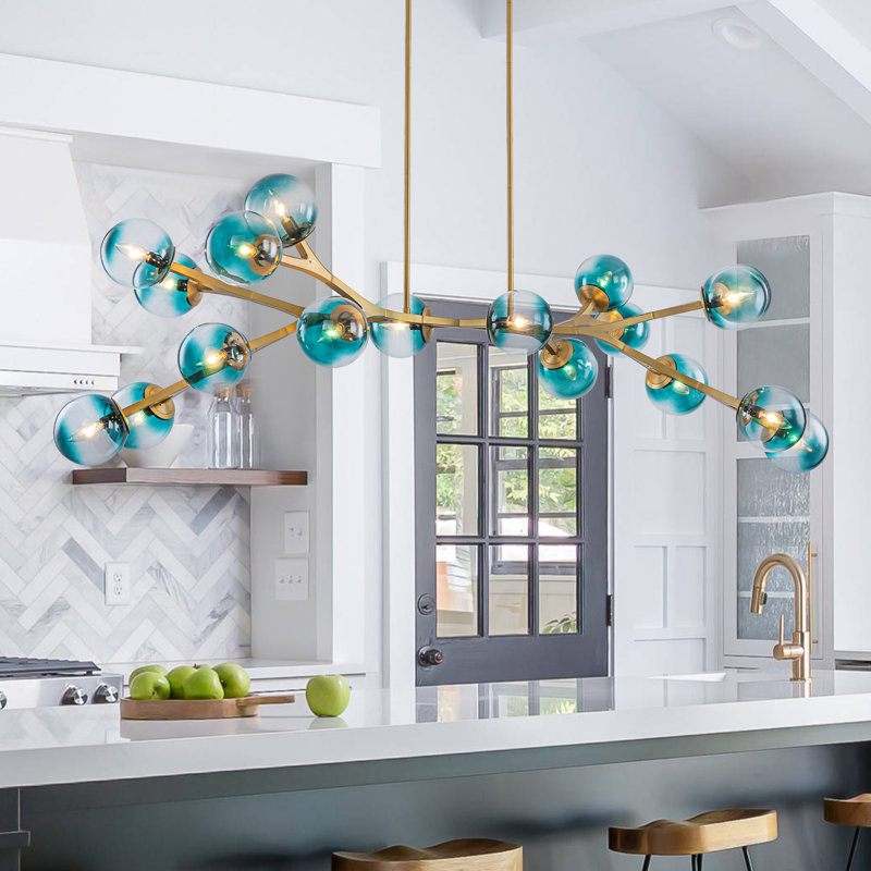 Lustre spoutnik linéaire à 18 lumières Kaynen, Bleu dégradé