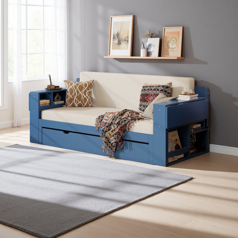 Lit de jour avec bureau amovible, tiroirs de rangement et table d'appoint hydraulique, Bleu, Grand lit