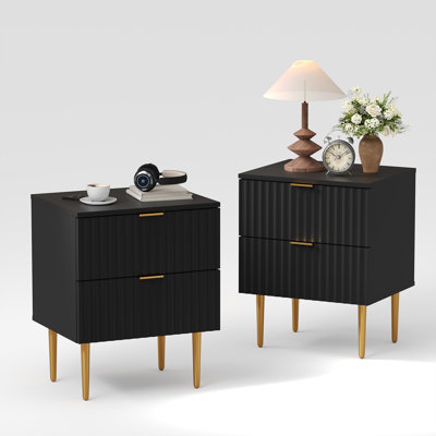 Paquet de 2: table de chevet cannelée moderne, table de chevet cannelée dorée et en bois avec 2 tiroirs, tables de bout de chevet pour salon, bureau à domicile, bureau, bureau