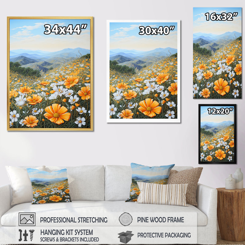 Jaune souci jaune dans un paysage de montagne II sur toile, Toile tendue, H 32 po x l 16 po x P 1 po
