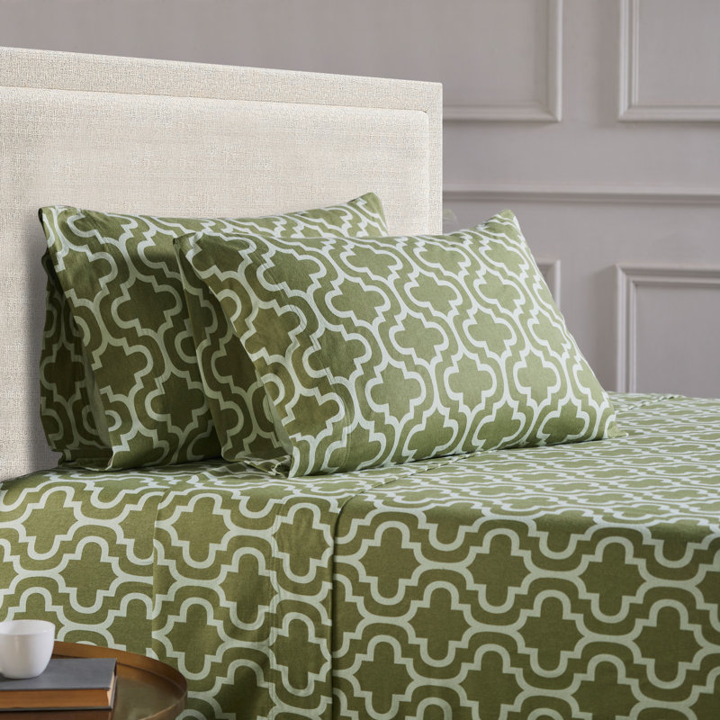 Scotia Trellis 100% Cotton Flannel Sheet Set, King Sheet Set + Fitted Sheet + 2 Pillowcases, Sage Trellis