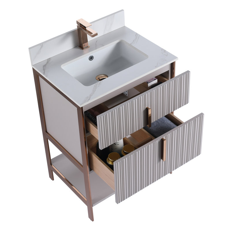Meuble-lavabo moderne avec plateau en pierre Serenity, Taupe vif / or rose, 24", Marbre de Carrare blanc