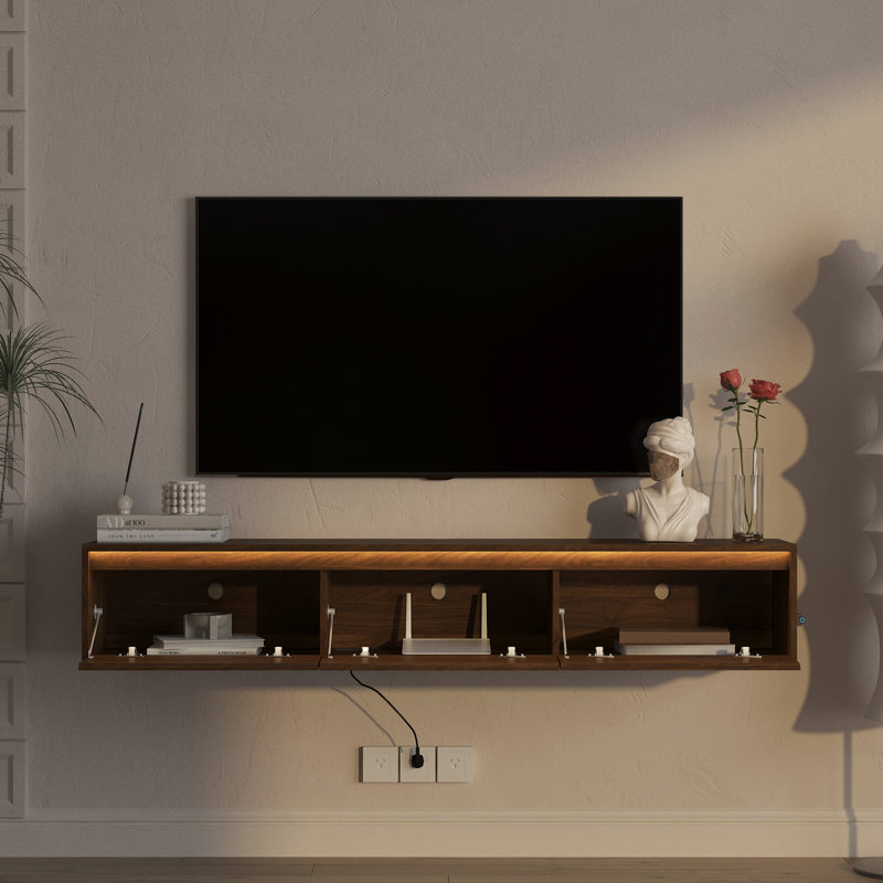 Meuble télé suspendu moderne en bois avec prise électrique et éclairage DEL | Console murale multimédia | Étagère audiovisuel qui économise de l'espace