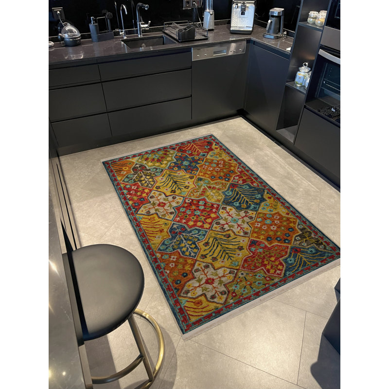 Multi-Colored Traditional Motif Floral Patterned Creative Vintage Decorative Rug, Rectangle 3'9.81" x 4'11.06"