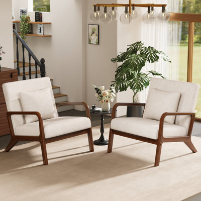 Fauteuil d'appoint rembourré en bois massif avec accoudoirs supplémentaires, accoudoirs bruns et lin beige