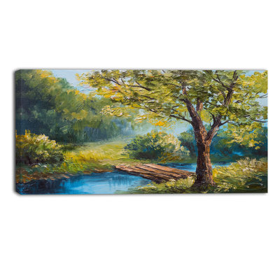 Summer Forest with Beautiful River Landscape Painting Print on Wrapped Canvas