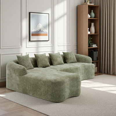 Full Compression L-Shape Sectional Sofa With Curved Chaise, Green Modular Chenille Couch, High-Density For Apartment Living Room