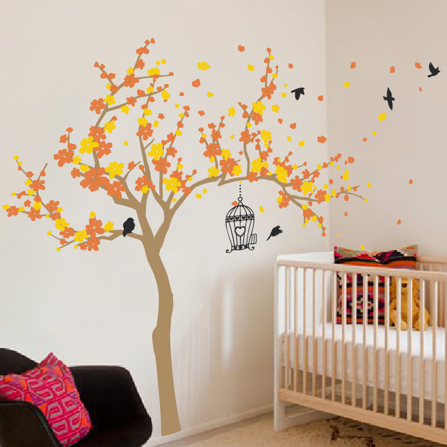 Décalcomanie murale Arbre en fleurs et oiseaux, H 72 po x l 92 po x p 0,01 po, Orange / Jaune