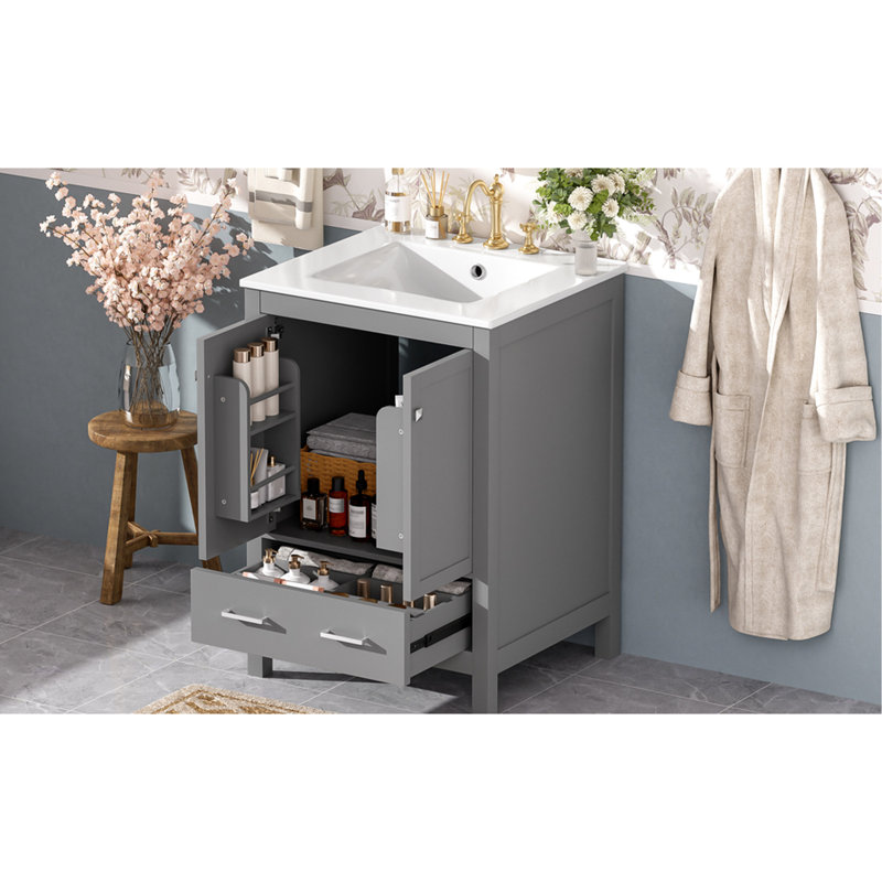 24 - Inch Transitional Style Bathroom Vanity With Ample Storage, Soft Close Hinges, And Exquisite Painting Craftsmanship 24" Gray Double Layer Door Shelf, Easy Assembly For Quick Setup