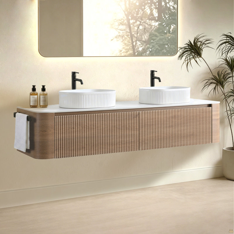 Meuble-lavabo 72 po avec lavabo, armoire murale en chêne miel avec porte-serviettes gratuit, conception de deux lavabos en céramique rayés ovales blancs, sans drain et robinet, pré-assemblé
