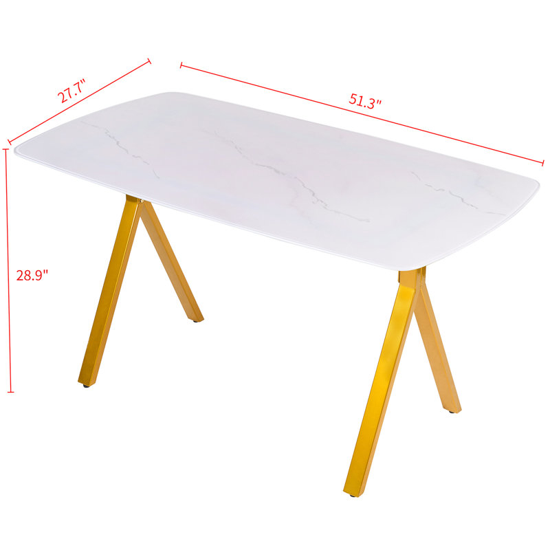 51.3''L X 27.7''W White Marble Pattern Dining Table with Tempered Glass Top & Metal Legs, Gold Base