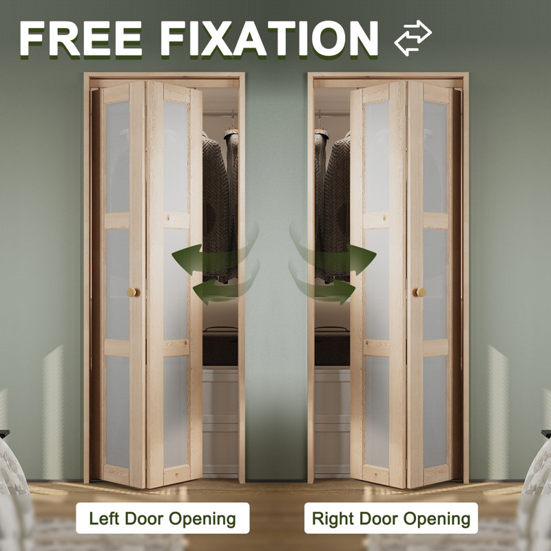 LuminaMatte™ Double Pine Wood Unfinished 3 Lite Glass Bi-Fold Door With Hardware Kit(Pantry,Closet), 24" x 80"