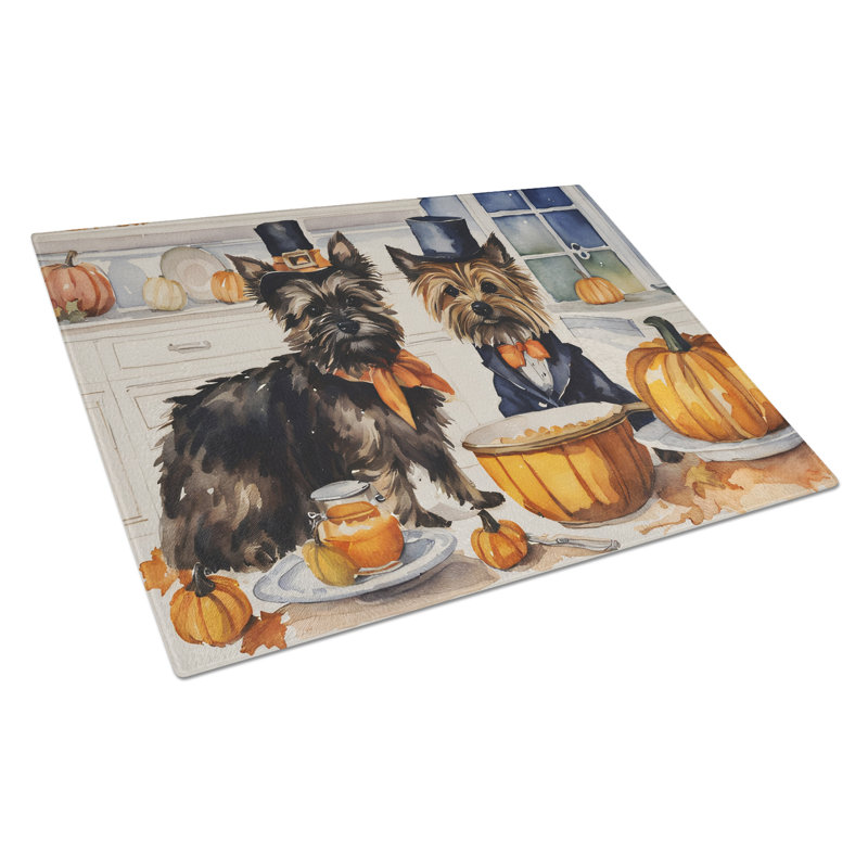 Cairn Terrier Fall Kitchen Pumpkins Glass Cutting Board Large
