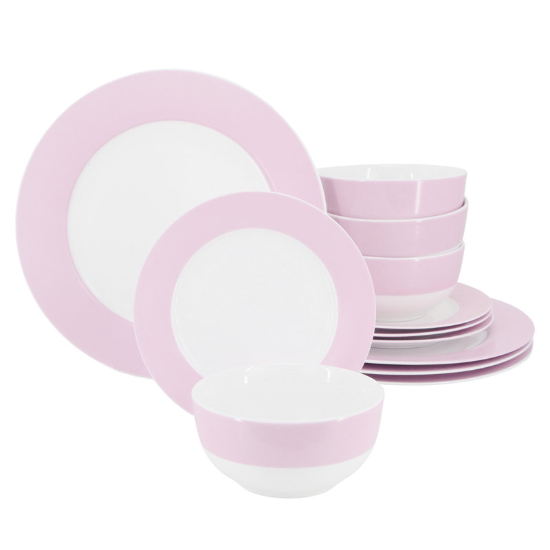 Martha Stewart 12 Piece Banded Fine Ceramic Dinnerware Set in Blush Pink