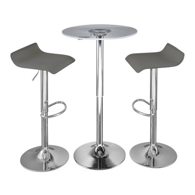 Ensemble de bar contemporain réglable en métal chromé, acrylique transparent avec plateau lumineux et PVC gris - 3 pièces