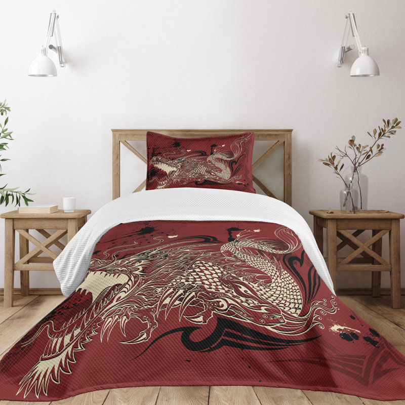 Twin White Quilted Bedspread Set with Dragon Design