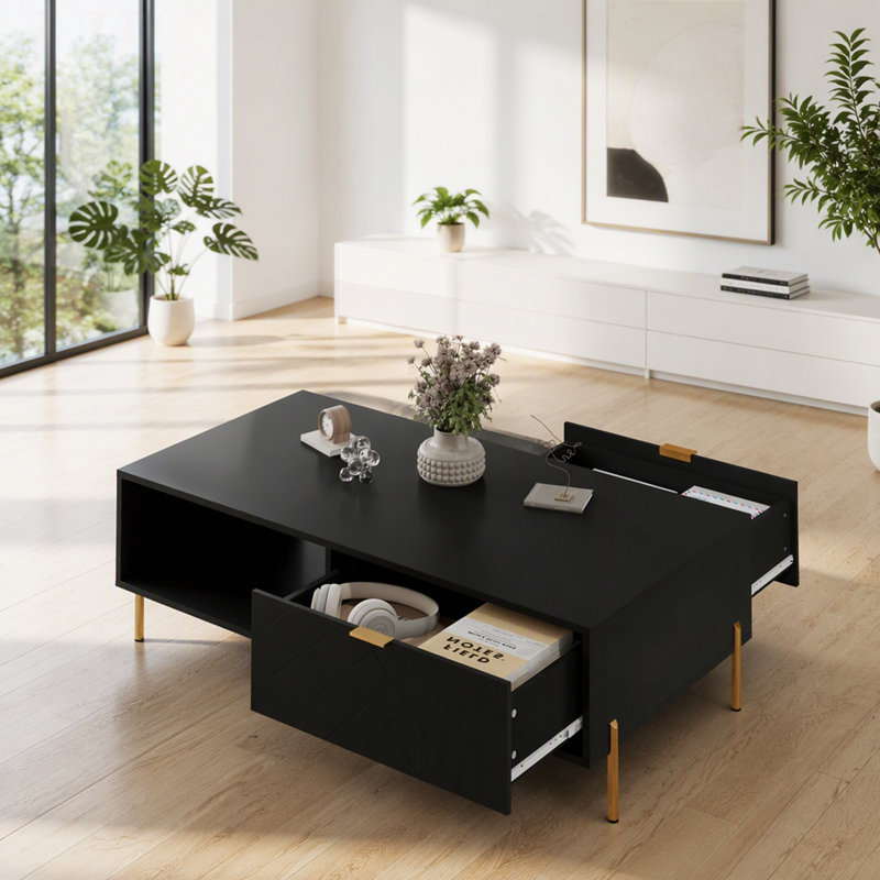 Table basse Mid-Century moderne avec tiroirs doubles, Noir, noir, noir, noir
