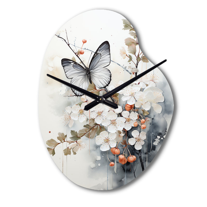 Art asiatique, papillon blanc et gris - horloge murale asymétrique en métal asiatique, Petit