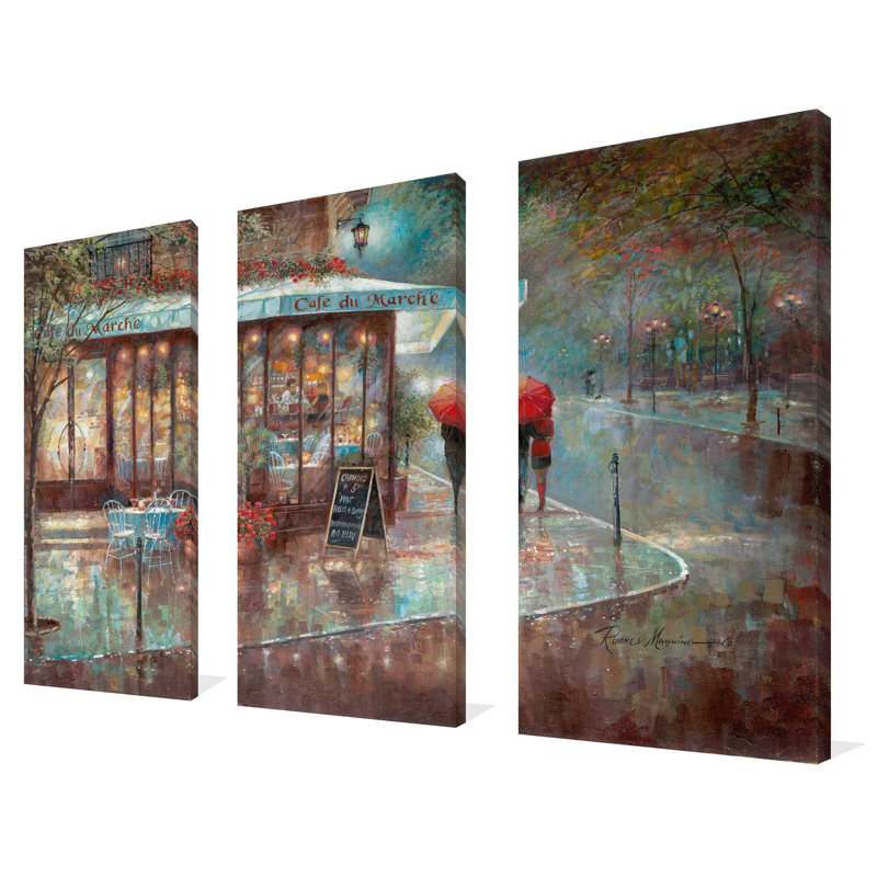 Café du marché - Ensemble de 3 peintures sur toile tendue, H 24 po x l 36 po x P 0,75 po