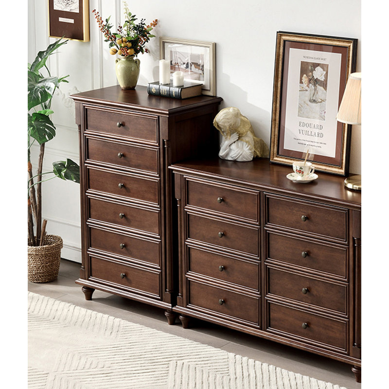 Commode 6 tiroirs en noyer massif de style rétro