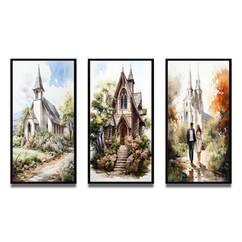 «White Wedding Chapel Rustic Spring Watercolor», ensemble de 3 impressions, Cadre flottant noir, H 20 po x l 36 po