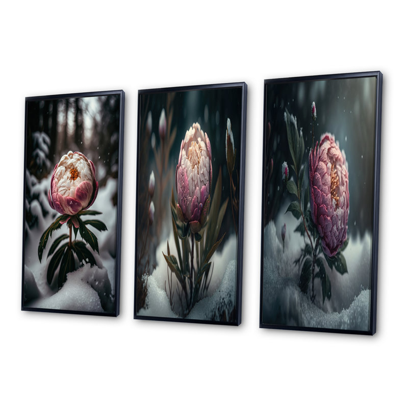 «A Blooming Pink Peony Flower In Winter», 3 pièces sur toile, Noir, H 32 po x l 48 po