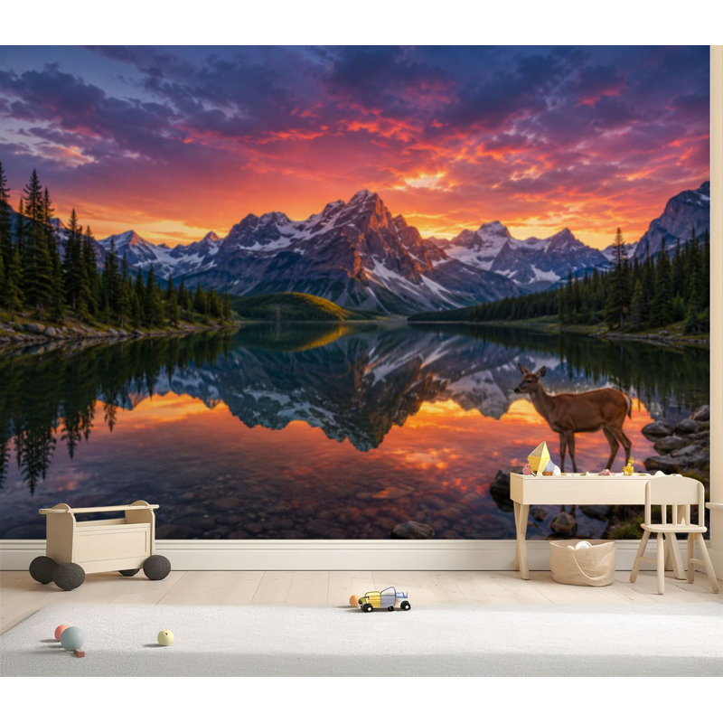 Papier peint adhésif autocollant Rocky Mountain Mule Deer Wading Lake Sunset, 69" L x 96" W