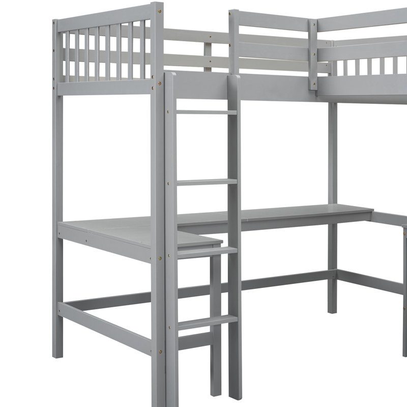 Lit mezzanine simple en forme de L en bois gris avec et 2 bureaux intégrés - lit simple Elegance pour chambre à coucher, bureaux encastrés, option d'espace de vie polyvalent