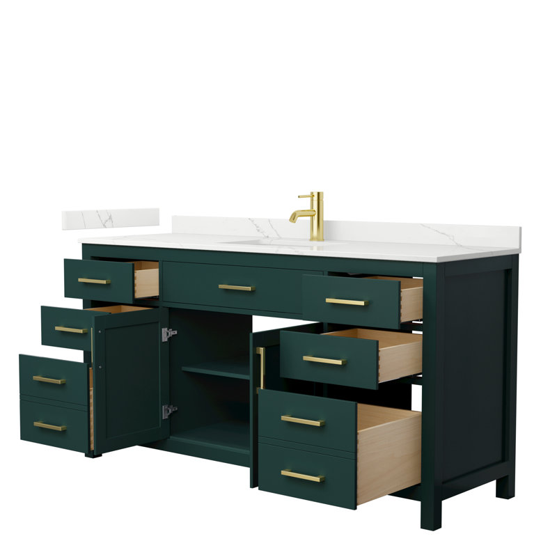 Meuble-lavabo simple autoportant de 66 po avec plateau en quartz Beckett, Vert, Or brossé, Quartz Giotto