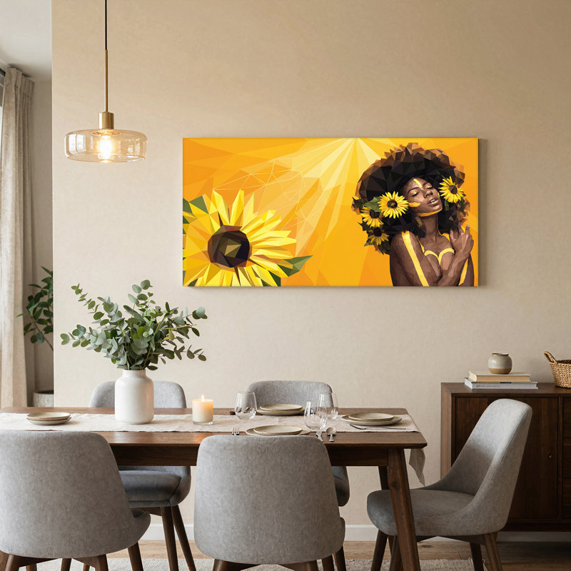 Femme aux tournesols, style low poly, tableau sur toile, 40“W x 20”H