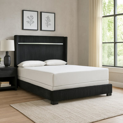 Geny Bed W Channel Tufted Headboard, Silver Trim, Black