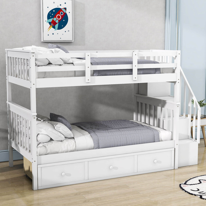 Dhyan Kids Twin Over Twin Bunk Bed with Drawers, White