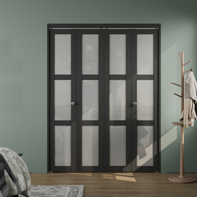 60" x 80" 3-Lite Glass Door Solid Manufactured Wood Double Bi-Fold Door With Installation Hardware Kit(Closet-Pantry Door) White