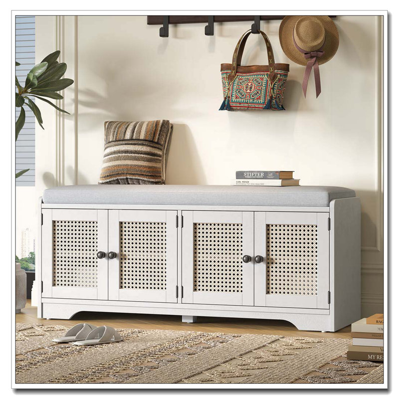 Rustic Storage Bench with 4 Rattan Doors, Adjustable Shelves, and Removable Cushion, White