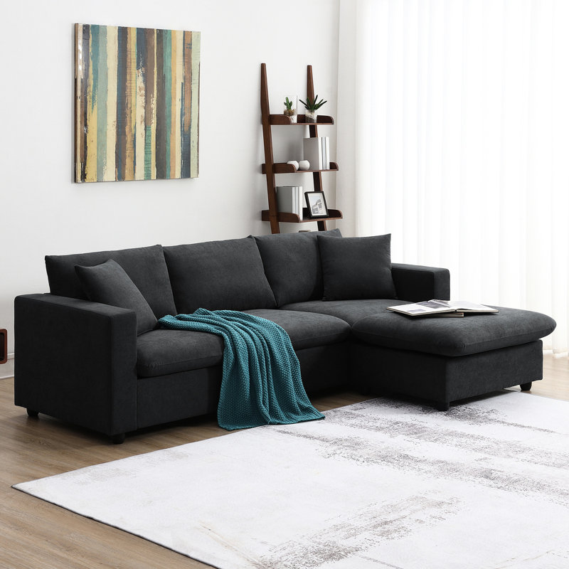 Canapé en L avec canapé convertible, 4 espaces de vie en tissu et décoration de chambre à coucher élégante, Noir