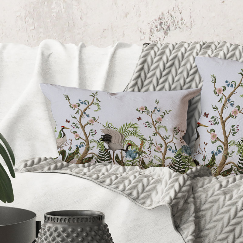 Rectangle, bordure avec grues et pivoines de style chinois - Coussin décoratif à imprimé traditionnel