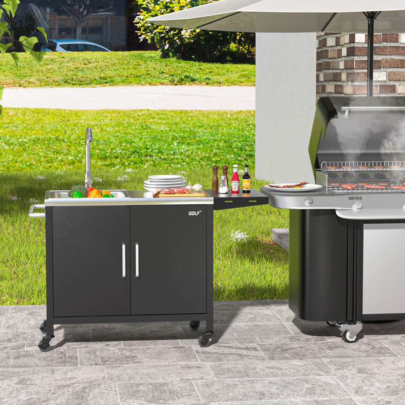 Black Metal Outdoor Grill Table with Stainless Steel Sink