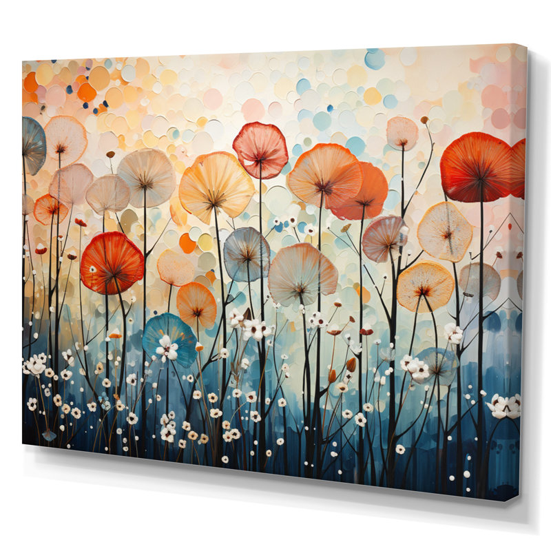 Coral Dandelion Floral Symphony II - Floral Wall Art Living Room, H 12 po x l 20 po x P 1 po, Toile tendue