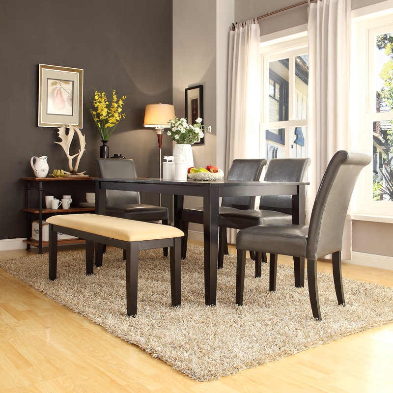 Alexa-Mae 60" Black Finish Dining Set - 6-Piece, Dining Table, Vegan Leather Parson Chairs, And Beige Microfiber Bench, Gray